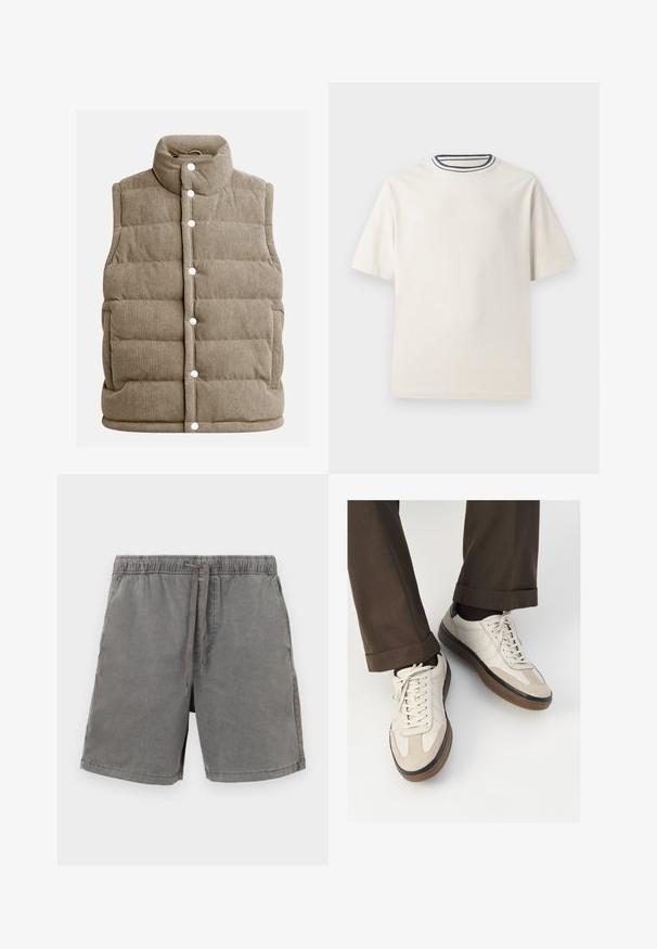 Beige corduroy vest, quilted design, high collar, snap buttons, with side pockets and vertical ribbed texture.; Cream-colored cotton t-shirt with short sleeves, featuring a round neckline accented by navy and white stripes. Smooth texture, relaxed fit.; Gray cotton shorts featuring an elastic waistband with a cord, straight cut, and single side pockets. Smooth texture and casual design.; Beige sneakers with a textured suede front, smooth leather sides, and a brown rubber sole. Laces and light stitching detail included.