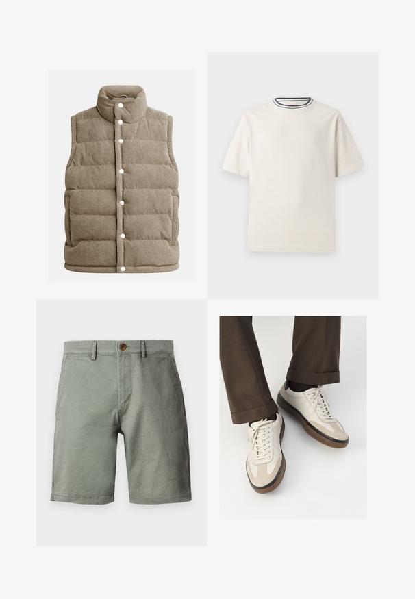 Beige ribfluwelen vest, gewatteerd ontwerp, hoge kraag, drukknoopsluiting, met zijzakken en verticale ribbeltextuur.; Crème-kleurige katoenen t-shirt met korte mouwen, met een ronde halslijn die is accentueerd met marineblauwe en witte strepen. Soepele textuur, ontspannen pasvorm.; Lichtgroene shorts van een katoenmix, met een sluiting met knoop aan de voorkant, riemlussen en een vlakke voorkant. Gladde textuur, knielengte.; Beige sneakers met een leren voorkant van textuur-suède, gladde leren zijkanten en een bruine rubberen zool. Veters en lichte stikseldetails inbegrepen.