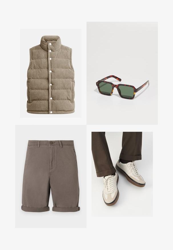 Béžová kordová vesta s prošívaným vzorem, vysokým límcem, patentkami, bočními kapsami a vertikálně skládanou texturou.; Krémové bavlněné tričko s krátkými rukávy, s kulatým výstřihem zvýrazněným námořnickými a bílými pruhy. Hladká textilní struktura, volný střih.; Hnědé bavlněné šortky s přímým střihem, zakončené knoflíkovým zapínáním a ohrnutými manžetami. Hladká textura, bez viditelných vzorů či akcentů.; Béžové tenisky s texturovanou semišovou špičkou, hladkými koženými boky a hnědou gumovou podrážkou. Na šněrování a lehkém prošití je detail.; Sluneční brýle ve stylu želvoviny se čtvercovými rámy, zelenými skleněnými čočkami a kontrastními oranžovými akcenty podél okrajů nožiček.