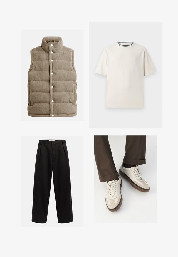 Beidzjā corduroy veste, ar quiltotu dizainu, augstu apkakli, ar spailēm, ar sānu kabatām un vertikālu ribotu tekstūru.; Krēmlādas kokvilnas T-krekls ar īsām piedurknēm, ar kārtīgu apkakli, ko akcentē tumši zila un balta svītra. Gluda tekstūra, brīva piegriezuma.; Melni platlejas bikses ar priekšējiem krokām, jostas cilpām un slēptu aizdari, uz jostas izdrukāts "Rebel".; Beidzī lasi ar strukturētu zamšādu priekšpusi, gludiem ādas sāniem un brūnu gumijas zoli. Iekļauti auklas un viegla šuvuma detaļas.