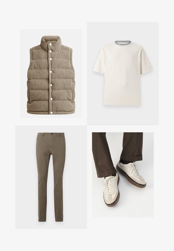 Beige kordbársony mellény, steppelt dizájn, magas gallér, patentgombokkal, oldalsó zsebekkel és függőleges bordázott textúrával.; Krémszínű pamut póló rövid ujjakkal, kerek nyakkivágással, melyet tengerészkék és fehér csíkok díszítenek. Sima textúrájú, laza szabású.; Slim fit khaki nadrág övhurkokkal, elülső gombbal, cipzáros záródással és oldalsó zsebekkel, fehér háttéren bemutatva.; Beige sportcipők, texturált velúr elülső résszel, sima bőr oldalakkal és barna gumitalppal. Fűzők és világos varrási részletek is megtalálhatók.