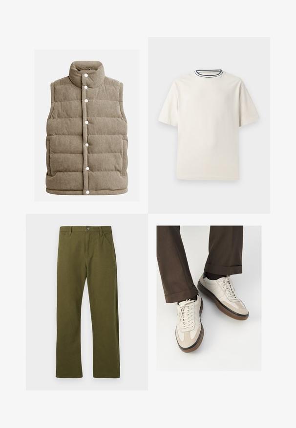 Beige Kordwesten, gestepptes Design, hoher Kragen, Druckknöpfe, mit Seitentaschen und vertikaler Rippstruktur.; Cremefarbendes Baumwoll-T-Shirt mit kurzen Ärmeln, das über einen runden Halsauschnitt mit navy- und weißen Streifen verfügt. Glatte Textur, lässige Passform.; Grüne Baumwollhose mit geradem Schnitt, ausgestattet mit einem Design für vordere Taschen, einem Metallknopfverschluss und subtilen Stickdetails.; Beige Sneakers mit einer strukturierten Wildlederfront, glatten Lederseiten und einer braunen Gummisohle. Bändel und helle Nähdetails sind enthalten.