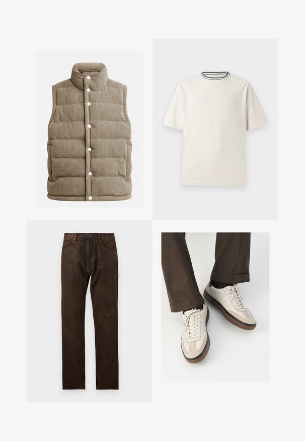 Beige kordfløyelsvest, kviltet design, høy krage, trykknapper, med sidelommer og vertikal ribbet tekstur.; Kremfarget bomulls T-skjorte med korte ermer, med rund halskant pyntet med marineblå og hvite striper. Glatt tekstur, avslappet passform.; Brune denimjeans med en lett slitt tekstur, rett ben-design, fem lommer, og knappelukking i midjen.; Beige sneakers med teksturert semsket front, glatte skinnsider og en brun gummisåle. Snører og lys syddetalj inkludert.