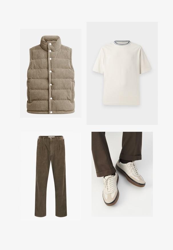 Beżowa kamizelka z korduroyu, pikowana, z wysokim kołnierzem, na zatrzaski, z bocznymi kieszeniami i pionowym prążkowanym wzorem.; Kremowa bawełniana koszulka z krótkim rękawem, z okrągłym dekoltem ozdobionym granatowymi i białymi paskami. Gładka tekstura, luźny krój.; Brązowe spodnie z korduroju z pionowymi prążkami, luźnym fasonem, fałdami z przodu i zapięciem na jeden guzik.; Beżowe sneakersy z teksturowanym zamszowym przodem, gładkimi skórzanymi bokami i brązową gumową podeszwą. Zawierają sznurówki oraz subtelne detale w dwóch kolorach.