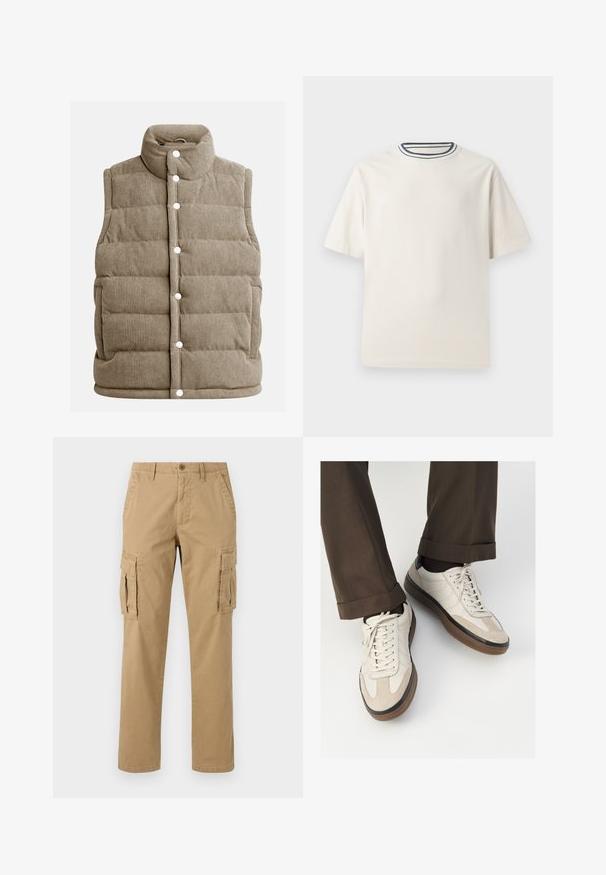 Beige corduroy-viitta, tikattu muotoilu, korkea kaulus, nappisuljenta, sivutaskut ja pystyribaattekstuuri.; Kermanvärinen puuvillapaita lyhyillä hihoilla, jossa on pyöreä pääntie, jota korostavat laivastonsininen ja valkoinen raita. Sileä rakenne, rento istuvuus.; Vaaleanbeiget kangashousut, joissa on kaksi sivutaskua, nappikiinnitys, suora lahjemuoto ja pehmeä, teksturoitu kangas.; Beige tennarit, joissa on teksturoidut mokkasiinimaiset etuosat, sileät nahkasaumat ja ruskea kumipohja. Narut ja vaaleat ompelutiedot mukana.