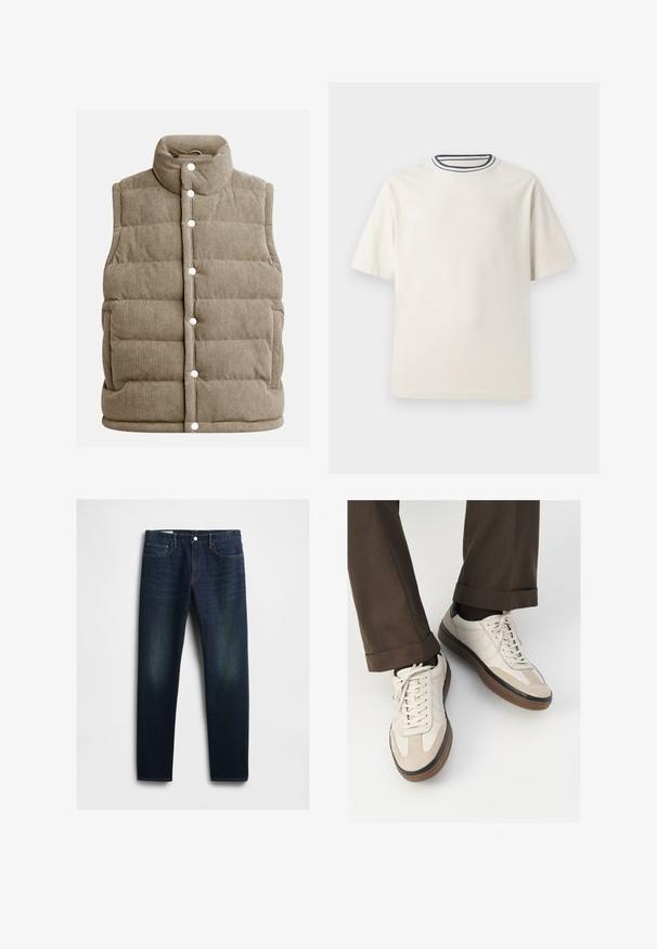 Beidzjā corduroy veste, ar quiltotu dizainu, augstu apkakli, ar spailēm, ar sānu kabatām un vertikālu ribotu tekstūru.; Krēmlādas kokvilnas T-krekls ar īsām piedurknēm, ar kārtīgu apkakli, ko akcentē tumši zila un balta svītra. Gluda tekstūra, brīva piegriezuma.; Tumši zilas džinsi ar taisnu piegriezumu, pieci kabatas, pogu jostas vietā un smalkas izbalējušas vietas gurnos. Klasiskas šūšanas detaļas.; Beidzī lasi ar strukturētu zamšādu priekšpusi, gludiem ādas sāniem un brūnu gumijas zoli. Iekļauti auklas un viegla šuvuma detaļas.