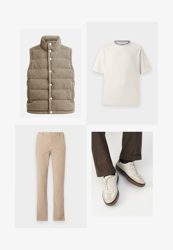 Beežist korduroy-vest, tikandiga disain, kõrge krae, nööbid, küljetaskud ja vertikaalne ribateksuur.; Kreemivärvi puuvillane T-särk lühikeste varrukatega, ümmarguse kaeluse ja mereteemalise sinise ja valge triibuga. Sile tekstuur, mugav lõike.; Beežid puuvillased korduroypüksid, otse jalgade disainiga, millel on nööbiklõps ja viis taskut, sile tekstuur.; Bežid spordijalised, millel on tekstuuriga suede esiosa, siledast nahast küljed ja pruun kummitald. Lisatud on paelad ja heledad õmbluse detailid.