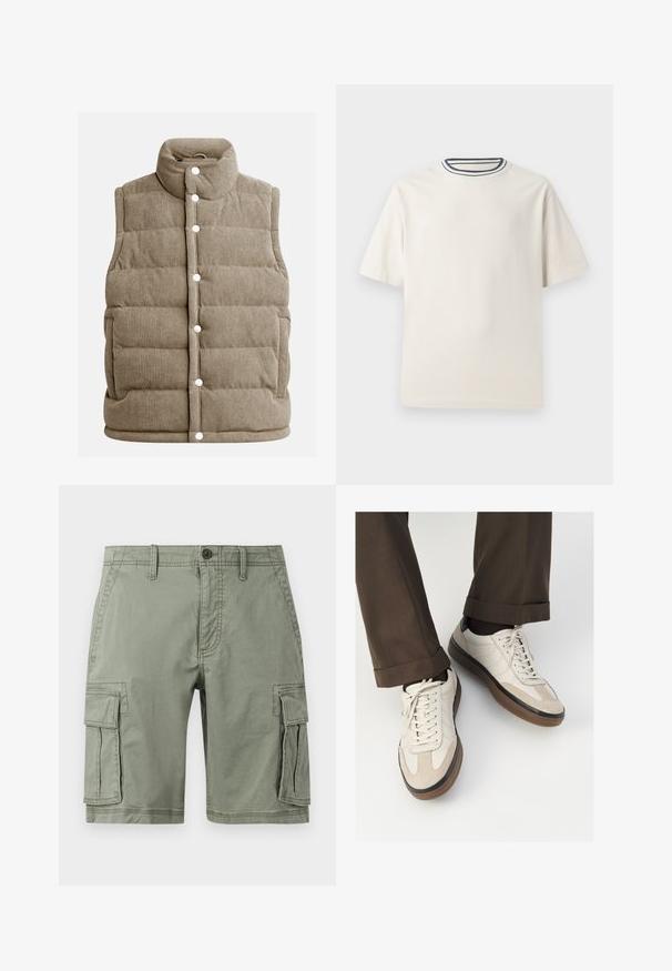 Beżowa kamizelka z korduroyu, pikowana, z wysokim kołnierzem, na zatrzaski, z bocznymi kieszeniami i pionowym prążkowanym wzorem.; Kremowa bawełniana koszulka z krótkim rękawem, z okrągłym dekoltem ozdobionym granatowymi i białymi paskami. Gładka tekstura, luźny krój.; Zielone szorty cargo wykonane z mieszanki bawełny, z dwoma bocznymi kieszeniami, zapięciem na guzik i prostym krojem.; Beżowe sneakersy z teksturowanym zamszowym przodem, gładkimi skórzanymi bokami i brązową gumową podeszwą. Zawierają sznurówki oraz subtelne detale w dwóch kolorach.