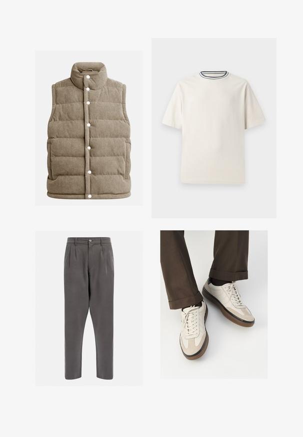 Colete de corduroy bege, com design acolchoado, gola alta, botões de pressão, com bolsos laterais e textura ribitada vertical.; T-shirt de algodão em cor creme com mangas curtas, apresentando um decote redondo realçado por listras em azul-marinho e branco. Textura suave, corte descontraído.; Calças plissadas cinzas feitas de tecido suave, com fecho de botão e pernas estreitas para um ajuste aerodinâmico. Sem padrões ou detalhes adicionais.; Tênis bege com frente em camurça texturizada, lados em couro liso e sola em borracha marrom. Inclui cadarços e detalhes de costura clara.