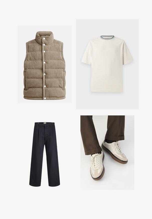 Beige corduroy vest, quilted design, high collar, snap buttons, with side pockets and vertical ribbed texture.; Cream-colored cotton t-shirt with short sleeves, featuring a round neckline accented by navy and white stripes. Smooth texture, relaxed fit.; Dark blue wide-leg trousers made of woven fabric, featuring a button closure and pleated front design. Smooth texture, no visible patterns.; Beige sneakers with a textured suede front, smooth leather sides, and a brown rubber sole. Laces and light stitching detail included.