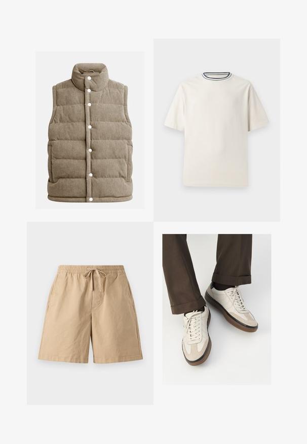 Beige corduroy vest, quilted design, high collar, snap buttons, with side pockets and vertical ribbed texture.; Cream-colored cotton t-shirt with short sleeves, featuring a round neckline accented by navy and white stripes. Smooth texture, relaxed fit.; Beige cotton shorts with an elastic waistband and adjustable drawstring, featuring side pockets and a relaxed fit. Smooth texture, knee-length.; Beige sneakers with a textured suede front, smooth leather sides, and a brown rubber sole. Laces and light stitching detail included.