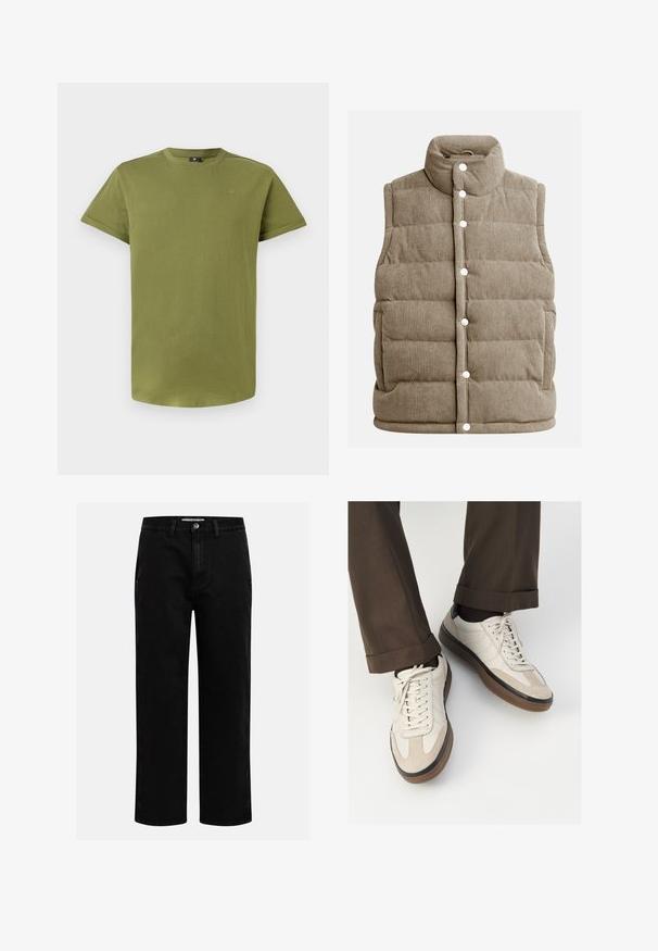 Beige kordbársony mellény, steppelt dizájn, magas gallér, patentgombokkal, oldalsó zsebekkel és függőleges bordázott textúrával.; Olíva zöld, rövid ujjú póló, puha pamutból készült, kerek nyakkivágással és diszkrét logóval a mellrészen. Az anyag sima tapintású.; Fekete farmernadrág egyenes szabással, klasszikus öt zsebes kialakítással és gombos derékkal. Simább textúra és tartós anyag.; Beige sportcipők, texturált velúr elülső résszel, sima bőr oldalakkal és barna gumitalppal. Fűzők és világos varrási részletek is megtalálhatók.