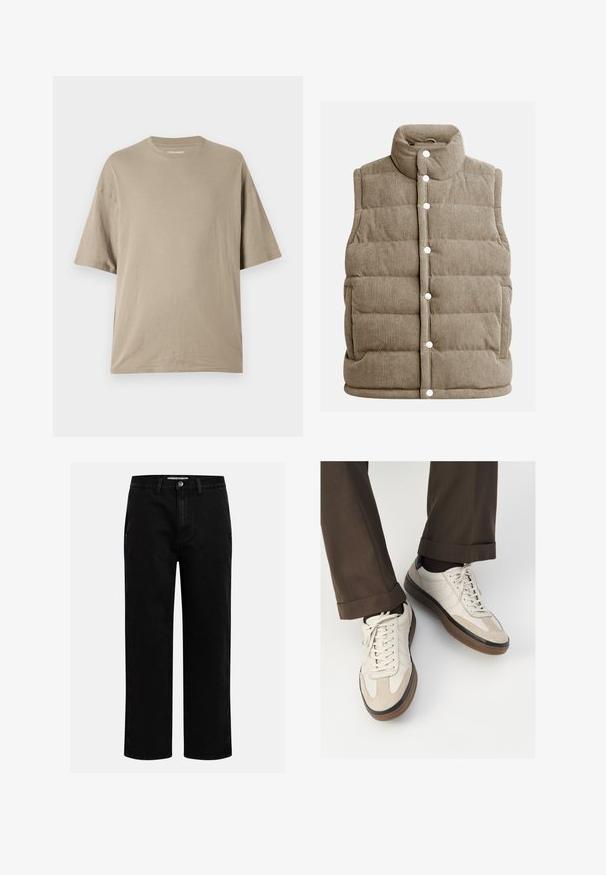 Vesta din corduroy bej, cu design matlasat, guler înalt, nasturi prin apăsare, cu buzunare laterale și textură cu nervuri verticale.; Tricou bej cu mânecă scurtă, realizat din bumbac moale, cu un design cu gât rotund și o croială lejeră, având o textură fină și detalii minime.; Pantaloni din denim negri cu croi drept, design clasic cu cinci buzunare și închidere cu nasture la talie. Textură netedă și material durabil.; Adidași bej cu un vârf din suede texturat, laterale din piele netedă și o talpă din cauciuc maro. Șireturile și detalii de cusătură subtilă incluse.