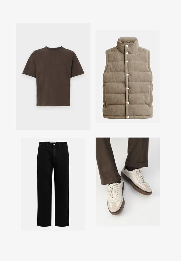 Bežová kordová vesta, prešívaný dizajn, vysoký golier, patentky, bočné vrecká a vertikálne rebrovaná textúra.; Hnedé bavlnené tričko s krátkymi rukávmi a okrúhlym výstrihom. Hladká textúra, minimalistický dizajn, bez vzorov alebo ďalších detailov.; Čierne džínsové nohavice so strihom rovného nohu, klasickým dizajnom s piatimi vreckami a gombíkovým zapínaním v páse. Hladká textúra a odolná tkanina.; Béžové tenisky s textúrovanou zamšovou prednou časťou, hladkými koženými bočnými stranami a hnusou gumovou podrážkou. Obsahujú šnúrky a svetlé stehy ako detail.