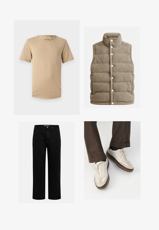 Beige corduroy vest, quilted design, high collar, snap buttons, with side pockets and vertical ribbed texture.; Beige short-sleeve t-shirt made of soft fabric. Features a round neckline and a lightly textured surface with a curved hem.; Black denim pants with a straight-leg cut, classic five-pocket design, and a button closure at the waist. Smooth texture and durable fabric.; Beige sneakers with a textured suede front, smooth leather sides, and a brown rubber sole. Laces and light stitching detail included.