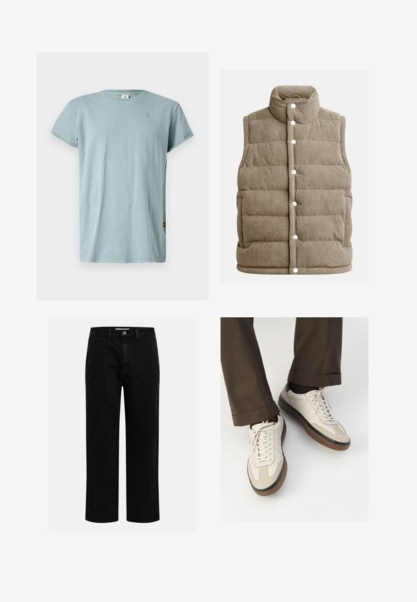 Beige kordbársony mellény, steppelt dizájn, magas gallér, patentgombokkal, oldalsó zsebekkel és függőleges bordázott textúrával.; Világoskék, rövid ujjú pamut póló. Kerek nyakkivágással és egy kis logóval a mellrészen. Simább textúra, laza fazon.; Fekete farmernadrág egyenes szabással, klasszikus öt zsebes kialakítással és gombos derékkal. Simább textúra és tartós anyag.; Beige sportcipők, texturált velúr elülső résszel, sima bőr oldalakkal és barna gumitalppal. Fűzők és világos varrási részletek is megtalálhatók.