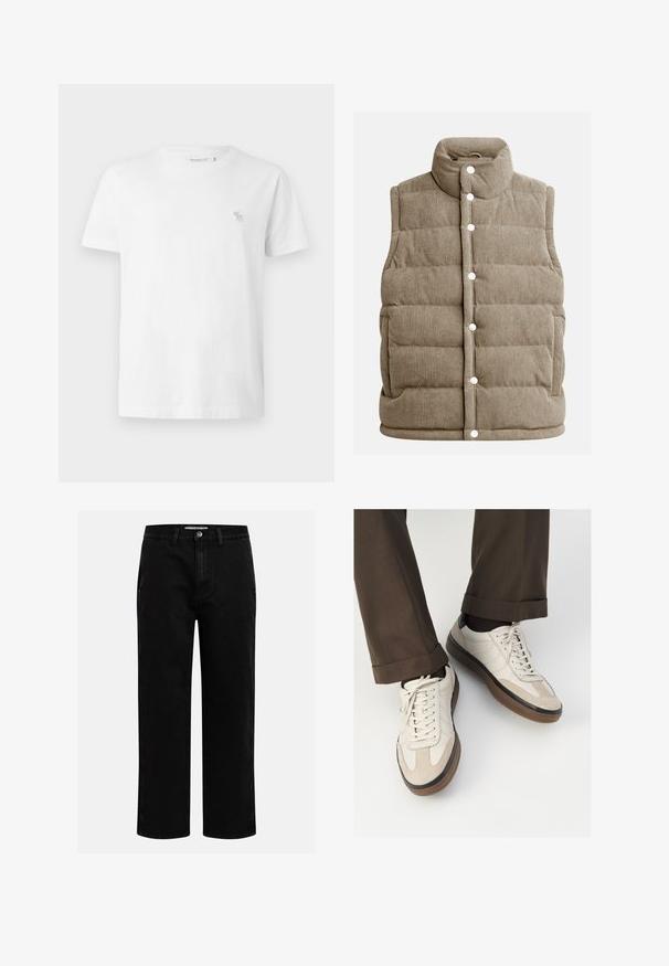 Beige kordfløyelsvest, kviltet design, høy krage, trykknapper, med sidelommer og vertikal ribbet tekstur.; Hvit bomulls T-skjorte med korte ermer, rund hals og liten grå brodert logo på venstre bryst. Glatt tekstur.; Svarte denimbukser med rett benkutt, klassisk fem-lomme design og knappelukking i livet. Glatt tekstur og slitesterkt stoff.; Beige sneakers med teksturert semsket front, glatte skinnsider og en brun gummisåle. Snører og lys syddetalj inkludert.