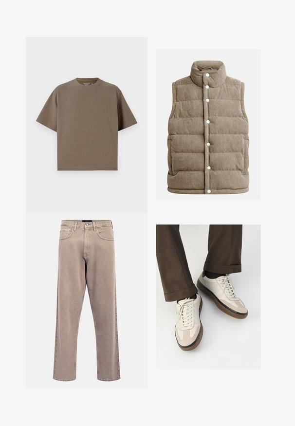 Beežist korduroy-vest, tikandiga disain, kõrge krae, nööbid, küljetaskud ja vertikaalne ribateksuur.; Pruuni lühikeste varrukatega T-särk, mis on valmistatud pehmest kangast ja millel on ümmargune kaelus. Omab vabalt voolavat lõiget ja lihtsat servade detaili.; Heledad helebeežid sirglõikes teksapüksid, millel on kergelt pleekinud tekstuur, viie taskuga disain ja metallist nupuga sulgumine. Silmapaistvad õmbluse detailid.; Bežid spordijalised, millel on tekstuuriga suede esiosa, siledast nahast küljed ja pruun kummitald. Lisatud on paelad ja heledad õmbluse detailid.