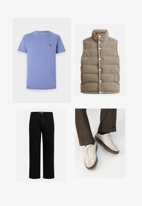Béžová kordová vesta s prošívaným vzorem, vysokým límcem, patentkami, bočními kapsami a vertikálně skládanou texturou.; Světle fialové bavlněné tričko, kulatý výstřih, krátké rukávy, s malým vyšitým logem v tmavším odstínu na levé části hrudníku.; Černé džíny s rovnými nohavicemi, klasickým pětipocketovým designem a knoflíkovým zapínáním v pase. Hladká textura a odolná látka.; Béžové tenisky s texturovanou semišovou špičkou, hladkými koženými boky a hnědou gumovou podrážkou. Na šněrování a lehkém prošití je detail.