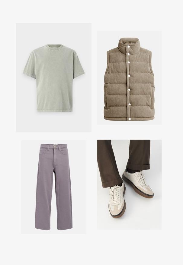 Colete de corduroy bege, com design acolchoado, gola alta, botões de pressão, com bolsos laterais e textura ribitada vertical.; T-shirt verde claro de mangas curtas feito de algodão. Apresenta um decote redondo e um corte relaxado com uma textura subtil e costuras visíveis.; Jeans cinza-lavanda de perna reta com bolsos frontais e traseiros, passantes para cinto e fecho com botão na cintura.; Tênis bege com frente em camurça texturizada, lados em couro liso e sola em borracha marrom. Inclui cadarços e detalhes de costura clara.
