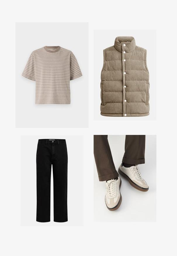 Beige Kordwesten, gestepptes Design, hoher Kragen, Druckknöpfe, mit Seitentaschen und vertikaler Rippstruktur.; Gestreiftes Kurzarm-T-Shirt in Beigetönen, runder Ausschnitt, weicher Stoff, lässige Passform, mit abwechselnd hellen und dunklen horizontalen Streifen.; Schwarze Jeanshose mit geradem Schnitt, klassischem Fünf-Taschen-Design und einem Knopfverschluss an der Taille. Glatte Textur und strapazierfähiger Stoff.; Beige Sneakers mit einer strukturierten Wildlederfront, glatten Lederseiten und einer braunen Gummisohle. Bändel und helle Nähdetails sind enthalten.
