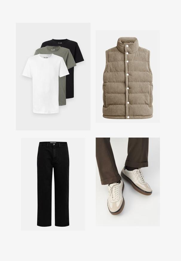 Bež žametni brezrokavnik, z voluminoznim dizajnom, visokim ovratnikom, gumbi na klik, z stranskimi žepi in navpično rebrasto teksturo.; Tri majice s crew-neck ovratnikom v beli, olivno zeleni in črni barvi. Narejene iz mehkega bombaža, z kratkimi rokavi in sproščenim krojem.; Črne denim hlače s ravnim krojem, klasičnim pet-takošnjim dizajnom in gumbom za zapiranje v pasu. Gladka tekstura in trpežna tkanina.; Bež teniske z teksturiranim prednjim delom iz usnja, gladkimi kožnimi stranicami in rjavo gumijasto podplatom. Vključene vezalke in svetla šivana detajla.