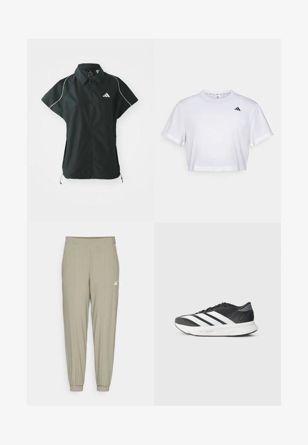 adidas Sportswear STADIUM COVER - Weste - black/off-white; Weißes, kurzes T-Shirt aus weichem Stoff, mit kurzen Ärmeln und rundem Ausschnitt. Schwarzes Logo auf der linken Brust.; adidas Performance AEROREADY ESSENTIALS MINIMAL BRANDING WOVEN - Jogginghose - silver pebble; Schwarzer Sportschuh mit weißen Streifen, Obermaterial aus Mesh, gepolsterter Sohle und einem schlanken Design. Akzente in Grau an der Ferse und der Zunge.
