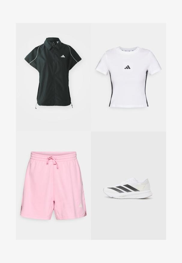 adidas Sportswear STADIUM COVER - Strukirani kaput - black/off-white; Bijela majica kratkih rukava izrađena od pamuka, s crnim Adidas logom u kvadratnom ušivanju i crnim bočnim akcentskim detaljima. Klasičan okrugli izrez.; Svijetloružičaste kratke hlače od mekanog tkanina, s elastičnim pojasom na vezanje i malim bijelim logom na donjem prednjem dijelu.; Bijela atletska cipela s crnim dijagonalnim trakama, mrežastim gornjim dijelom, zaobljenim prstom i teksturiranim potplatom. Akcenti uključuju srebrnu petu i minimalistički dizajn.