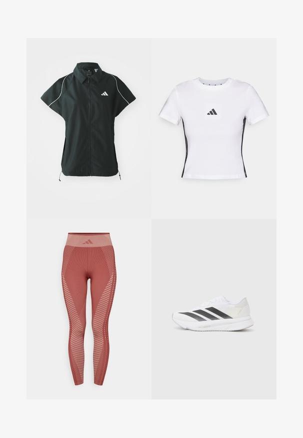 adidas Sportswear STADIUM COVER - Vest - black/off-white; Hvid t-shirt med korte ærmer lavet af bomuld, der har et sort Adidas-logo i et firkantet patch og sorte sideaccenter. Klassisk rund halsudskæring.; Røde strikkede leggings med høj talje, der har teksturerede mønstre og diagonalstriber. Materialet ser strækbart og kropsnært ud.; Hvide sportsko med sorte diagonale striber, mesh-overdel, rund tå og tekstureret sål. Accenter inkluderer en sølv hæl og et minimalistisk design.
