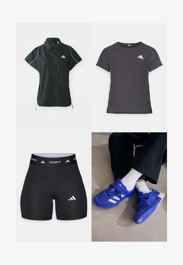 adidas Sportswear STADIUM COVER - Liivi - black/off-white; Lyhythihainen urheilupaita, tummanharmaa, jossa on reikäkudot. Ominaisuuksina valkoinen logo ja kontrastiväriset sivusuunnat. Pyöreä pääntie.; Lyhyet mustat shortsit, jotka on valmistettu joustavasta kankaasta ja joissa on muotoiltu malli. Ominaisuuksiin kuuluu leveä musta vyötärönauha, johon on merkitty "TECHFIT", sekä valkoinen logo jalassa.; Sandaalit siniset urheilu kengät, joissa on valkoisia yksityiskohtia; verkko yläosa, teksturoitu sivut, paksu kumi pohja ja yksityiskohtainen nauhoitusjärjestelmä.