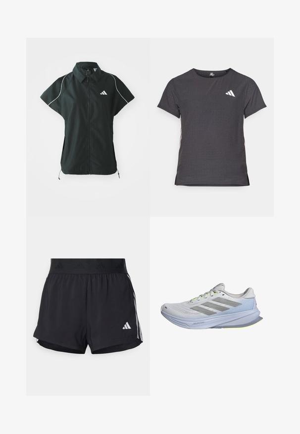 adidas Sportswear STADIUM COVER - Vest - black/off-white; Kortermet treningstrøye, mørkegrå med perforert tekstur. Har en hvit logo og kontrasterende side-striper. Rund halslinje.; Sorte treningsshorts med elastisk midjebånd, med en teksturert stripe, sidestriper og hvit Adidas-logo på den nedre kanten.; Løpesko med et lett mesh-overdel i hvitt, akzentuert av grå striper. Sålen har en liten kurve og neongule detaljer.