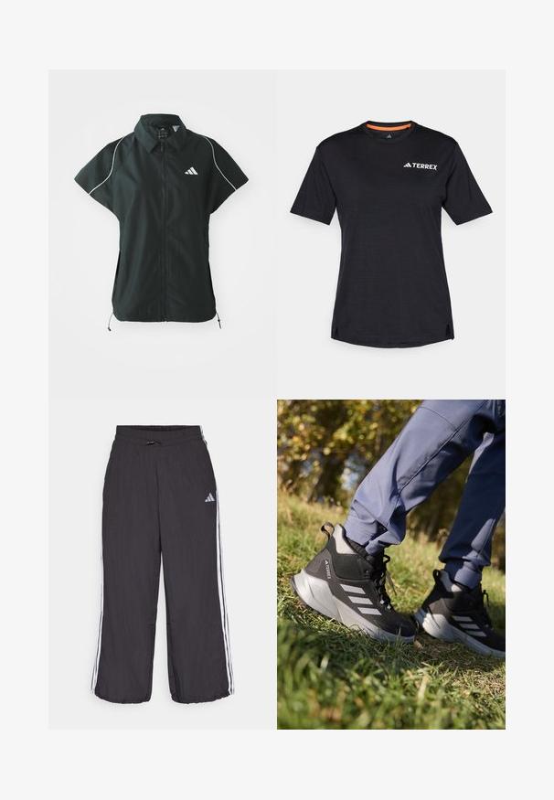 adidas Sportswear STADIUM COVER - Waistcoat - black/off-white; Black short-sleeve T-shirt with round neckline, featuring a subtle heather texture and white "TERREX" logo on the upper left side.; Black track pants with an elastic waistband, featuring white side stripes and subtle branding on the upper left leg. Lightweight material.; Black and gray hiking shoes with a textured upper, cushioned sole, and three silver stripes. Designed for outdoor activities.