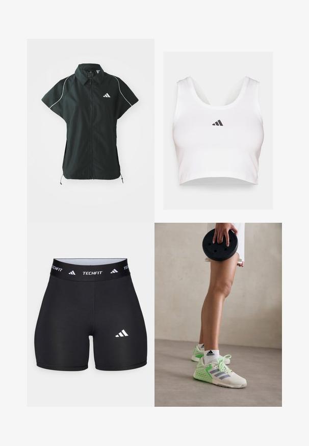 adidas Sportswear STADIUM COVER - Weste - black/off-white; Weißes Crop-Top aus weichem Stoff, mit rundem Ausschnitt und schwarzem Adidas-Logo auf der Vorderseite. Glatte Textur, ärmelloses Design.; Schwarze Shorts aus dehnbarem Stoff mit passgenauer Passform. Verfügt über einen breiten schwarzen Bund, der mit "TECHFIT" beschriftet ist, und ein weißes Logo am Bein.; Leichte Sportschuhe mit einer Farbgestaltung in Creme und Mint, Obermaterial aus Netzgewebe, strukturierten seitlichen Details und Schnürsenkeln für einen sicheren Sitz.