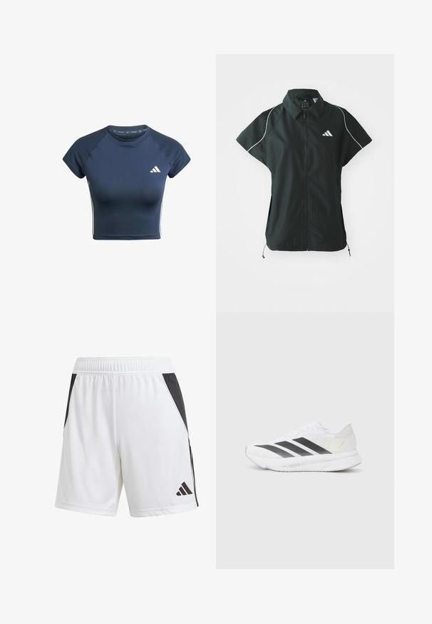 adidas Sportswear STADIUM COVER - Veste sans manches - black/off-white; Crop top de sport bleu marine avec des manches courtes, sections épaules côtelées et accents de rayures blanches sur les côtés. Logo de la marque sur la poitrine.; Shorts de sport blancs avec un panneau latéral noir, fabriqués en tissu léger. Comprend une taille élastique et un logo Adidas noir sur la jambe inférieure.; Chaussure de sport blanche avec des rayures noires en diagonale, tige en maille, bout arrondi et semelle texturée. Les accents comprennent un talon argenté et un design minimaliste.