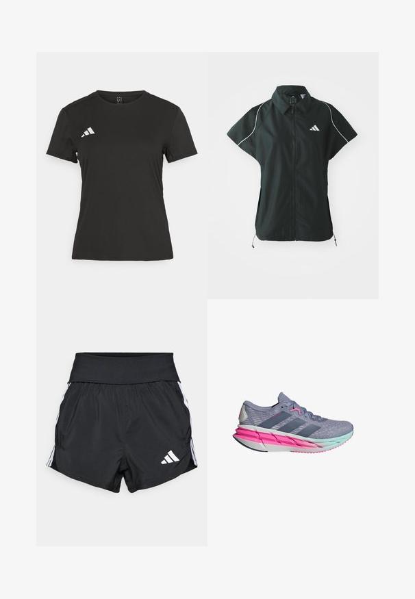 adidas Sportswear STADIUM COVER - Vest - black/off-white; Must must t-särk sujuvast kangast. Omab ümarat kaelust, lühikesi varrukaid ja valget logo vasakul rinnakorvil.; Mustad mustad lühikesed püksid, mis on valmistatud kergest materjalist, laia vöökoha, valgete külgtriipude ja väikese valge logoga alumises servas.; Halluxi toonik, millel on hingav võrkkattega pealis, roosad aktsendid ja kerge keskmine tald, millel on gradient kujund sinaka-roheliste toonide segu.