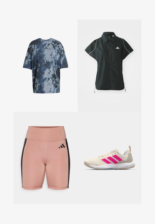adidas Sportswear STADIUM COVER - Liivi - black/off-white; Lyhytnokkainen t-paita siniharmaassa tie-dye-kuosissa, pehmeää kangasta, pyöreä kaula-aukko, jossa pieni harmaa logo rinnassa.; Vaaleanpunaiset urheilushortsit, joissa on korkea vyötärö ja jotka on valmistettu joustavasta materiaalista. Sisältää mustat sivuraitat ja Adidas-logon vasemmalla puolella.; Beige urheilujalkine, jossa on vaaleanpunainen kolmonen-striippi-logo, teksturoitu verkko-yläosa, pehmustettu kaulus ja valkoinen kumipohja, jossa on "LIGHTSTRIKE" -brändäys.