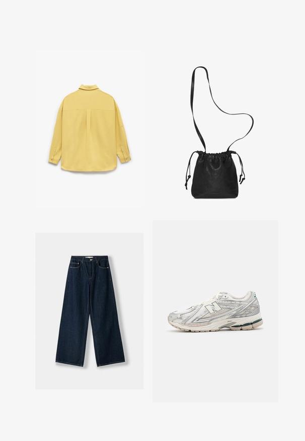 Szary bezrękawnik wykonany z dzianiny, z okrągłym dekoltem, zapinany na guziki z przodu oraz prążkowanym dołem.; Żółta koszula z długim rękawem wykonana z miękkiego materiału, z kołnierzykiem, guzikami na mankietach oraz plisą z tyłu.; Granatowe, szerokie dżinsy wykonane z denimu. Posiadają pięć kieszeni, zapięcie na guzik i zamek błyskawiczny oraz detale w kontrastowym stichu.; Buty biegowe mają srebrno-białą siateczkową cholewkę z zielonym akcentem. Podeszwa jest masywna i teksturowana, zaprojektowana z myślą o amortyzacji i wsparciu.; Czarna skórzana torba na sznurku o gładkiej fakturze, z regulowanym paskiem i marszczonym otwarciem. Kompaktowy design do codziennego użytku.