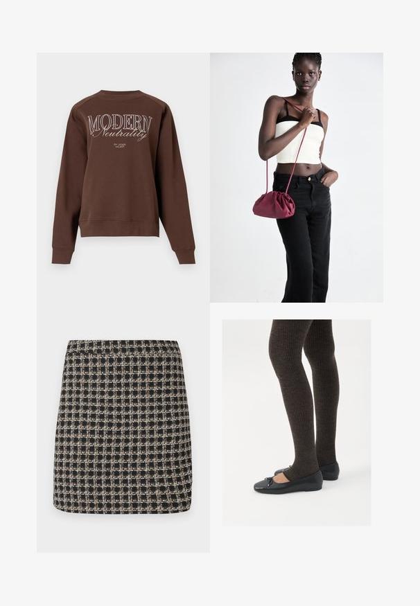 Pruun sünteetilisest karust valmistatud ilma varrukateta vest laia kraega ja musta voodriga, sildiga Vero Moda, laotatud tasasele valgele taustale.; Pruun dressipluus crew-kaelusega, pikkade varrukatega ja valgetes tähtedes seljal tekst "MODERN Neutrality". Pehme kangast tekstuur.; Mustar ja beež ruuduline mini seelik, millel on tekstureeritud kangas ja sile vöökoht, omades struktureeritud lõiget ja lihtsat disaini.; Mustad mustad kingad väikese teksaga varvaste juures, koos tumedate pruunide ribakangastega. Kingadel on sile tekstuur ja madal profiil.; Burgundia pehmeast kangast käekott, millel on kokkuvõetud disain ja pikk rihm, kantud üle keha. Mudel kannab valget crop-topi ja musti teksaseid.