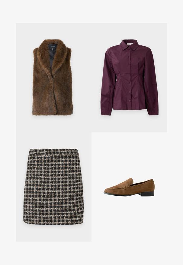 Gilet senza maniche in finta pelliccia marrone con ampio colletto e fodera nera, etichettato Vero Moda, esposto piatto su sfondo bianco.; Camicia bordeaux con bottoni, maniche lunghe, collo classico e dettagli plissettati in vita. Tessuto morbido con un leggero lucido.; Gonna mini a quadri neri e beige con una trama texturizzata e un elastico in vita liscio, caratterizzata da una vestibilità strutturata e un design semplice.; Mocassini in suede marrone con un tacco leggermente rialzato, una texture liscia, dettagli di cucitura sulla parte frontale e una punta rotonda.