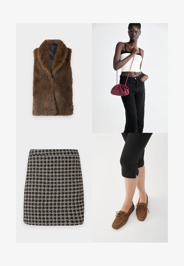 Brown faux fur sleeveless vest with wide collar and black inner lining, labeled Vero Moda, displayed flat on white background.; Black long-sleeve women's blouse with a pointed collar, hidden front buttons, fitted waist, and flared hem and cuffs.; Black and beige checkered mini skirt with a textured weave and a smooth waistband, featuring a structured fit and simple design.; Brown suede loafers with a rounded toe, lace accents, and a low profile. Worn with black cropped leggings against a white background.; Burgundy soft fabric handbag with a gathered design and a long strap, worn crossbody. Model wears a white crop top and black jeans.