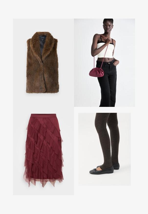 Barna műszőrme ujjatlan mellény széles gallérral és fekete belső béléssel, Vero Moda felirattal, fehér háttérre fektetve.; Fekete, hosszú ujjú női blúz, hegyes gallérral, rejtett elülső gombokkal, kiemelt derékkal és bővülő szoknyával és mandzsettával.; Burgundi színű, ívelt tüll szoknya, melynek illeszkedő derékrésze van, fodros rétegekkel, amelyek texturált megjelenést és folyamatos bájt kölcsönöznek.; Fekete lapos cipők kis masni díszítéssel az orrán, sötétbarna bordázott harisnyával párosítva. A cipők sima textúrával és alacsony profilúak.; Burgundy puha anyagú kézitáska, ráncolt dizájnnal és hosszú pánttal, keresztben hordva. A modellen fehér rövid top és fekete farmer van.