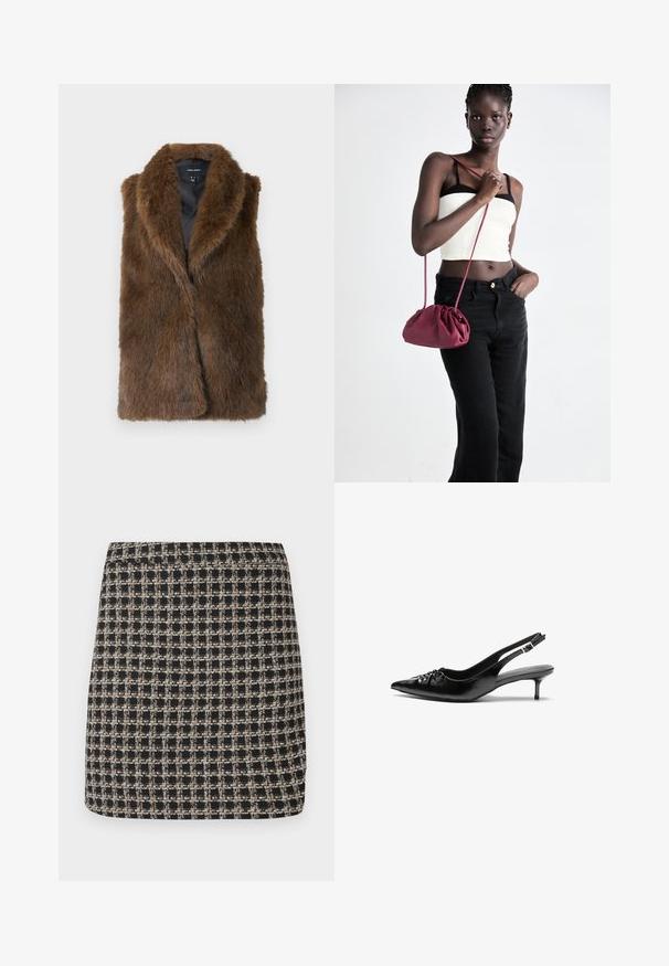 Gilet senza maniche in finta pelliccia marrone con ampio colletto e fodera nera, etichettato Vero Moda, esposto piatto su sfondo bianco.; Blusa nera a maniche lunghe da donna con colletto a punta, bottoni frontali nascosti, vita aderente e orlo e polsini svasati.; Gonna mini a quadri neri e beige con una trama texturizzata e un elastico in vita liscio, caratterizzata da una vestibilità strutturata e un design semplice.; Tacchi slingback in pelle nera con punta affusolata, piccolo tacco kitten e un dettaglio a nodo decorativo sulla parte anteriore. Texture liscia su tutta la superficie.; Borsa a tracolla in morbido tessuto bordeaux con design arricciato e una lunga tracolla, indossata a tracolla. Il modello indossa un top corto bianco e jeans neri.