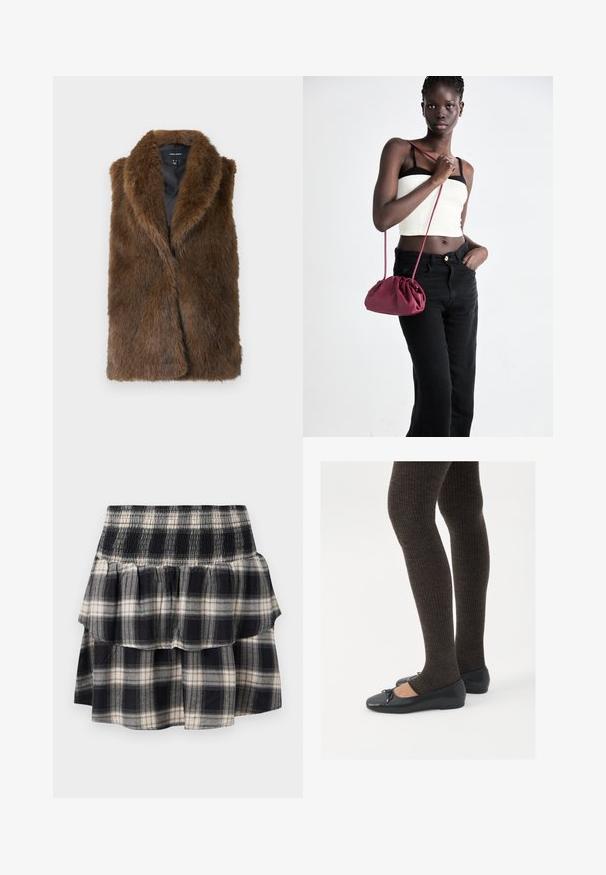 Colete sem mangas de pelo sintético castanho com gola larga e forro preto, rotulado Vero Moda, exibido de forma plana sobre fundo branco.; Blusa preta de mangas compridas para mulheres, com gola pontiaguda, botões frontais ocultos, cintura ajustada e bainha e punhos em formato evasê.; Saia rodada em padrão xadrez preto e branco com faixa elástica na cintura. Apresenta camadas franzidas e uma textura suave de algodão.; Sapatos planos pretos com um pequeno laço na ponta, emparelhados com meias-calças caneladas castanhas escuras. Os sapatos têm uma textura suave e um design discretamente baixo.; Bolsa de tecido suave em borgonha com um design franzido e uma alça longa, usada à transversal. Modelo veste um top cropped branco e jeans pretos.