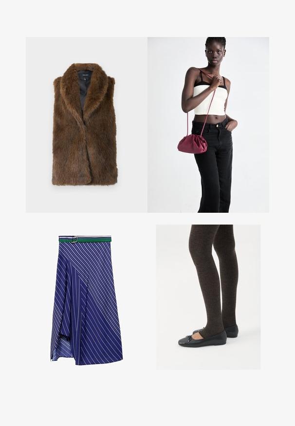 Braune Fake-Fur ärmellose Weste mit breitem Kragen und schwarzer Innenseite, etikettiert mit Vero Moda, flach auf weißem Hintergrund ausgestellt.; Schwarze Damenbluse mit langen Ärmeln, spitzem Kragen, verdeckten Knöpfen an der Vorderseite, taillierter Passform sowie ausladendem Saum und Bündchen.; Blaue Rock mit diagonalen weißen Streifen und einem grün-weiß gestreiften Gürtel mit einer silbernen Schnalle. Leichtes, fließendes Material mit einem Schitz.; Schwarze flache Schuhe mit einem kleinen Schleifendetail an der Zehe, kombiniert mit dunkelbraunen gerippten Strumpfhosen. Die Schuhe haben eine glatte Textur und ein niedriges Profil.; Burgunderfarbene Handtasche aus weichem Stoff mit gerafftem Design und langem Trageriemen, quer über den Körper getragen. Das Modell trägt ein weißes Crop-Top und schwarze Jeans.