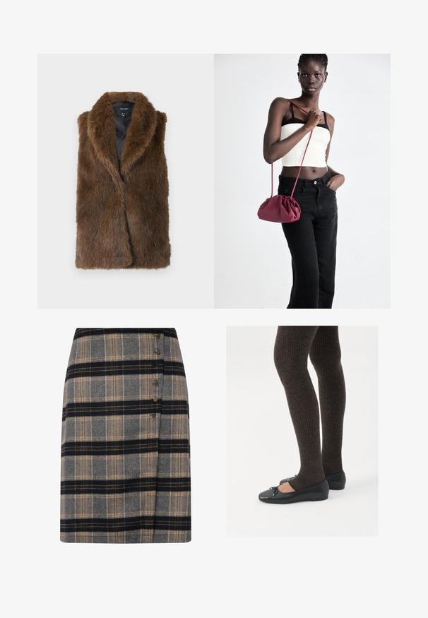 Brun faux fur ærmeløs vest med bred krave og sort inderside, mærket Vero Moda, vist fladt på hvid baggrund.; Sort langærmet bluse til kvinder med spids krave, skjulte frontknapper, tætsiddende talje og klokkeformet nederst samt ved ærmerne.; Uldternet nederdel i grå, sort og beige med en sidelukning med knap og et let skræddersyet design. Struktureret stof med et klassisk mønster.; Sorte flade sko med en lille sløjfedetalje ved tåen, parret med mørkebrune ribbede strømpebukser. Skoene har en glat overflade og lav profil.; Bordeaux blødt stof håndtaske med en sammenpresset design og en lang rem, båret som crossbody. Modellen bærer en hvid cropped top og sorte jeans.