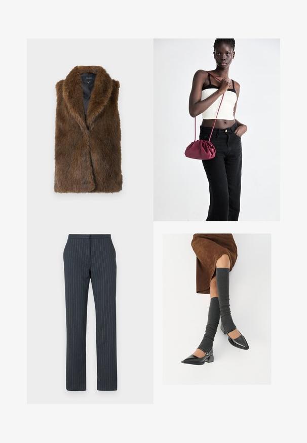 Colete sem mangas de pelo sintético castanho com gola larga e forro preto, rotulado Vero Moda, exibido de forma plana sobre fundo branco.; Blusa preta de mangas compridas para mulheres, com gola pontiaguda, botões frontais ocultos, cintura ajustada e bainha e punhos em formato evasê.; Calças azul-escuras com riscas verticais, design sob medida, textura suave, pernas retas e cintura padrão.; Sapatos pretos de pele lacada com biqueira pontuda, salto bloco e tiras no tornozelo, combinados com caneleiras cinzas em malha e uma saia de camurça castanha.; Bolsa de tecido suave em borgonha com um design franzido e uma alça longa, usada à transversal. Modelo veste um top cropped branco e jeans pretos.