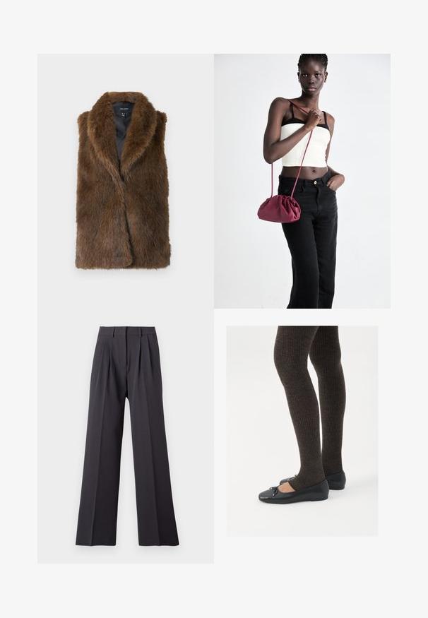 Brun faux fur ærmeløs vest med bred krave og sort inderside, mærket Vero Moda, vist fladt på hvid baggrund.; Sort langærmet bluse til kvinder med spids krave, skjulte frontknapper, tætsiddende talje og klokkeformet nederst samt ved ærmerne.; Bredde benbukser i mørkegrå stof. Har fold ved taljen, en tætsiddende talje og en glat tekstur. Ingen synlige mønstre eller hardware.; Sorte flade sko med en lille sløjfedetalje ved tåen, parret med mørkebrune ribbede strømpebukser. Skoene har en glat overflade og lav profil.; Bordeaux blødt stof håndtaske med en sammenpresset design og en lang rem, båret som crossbody. Modellen bærer en hvid cropped top og sorte jeans.