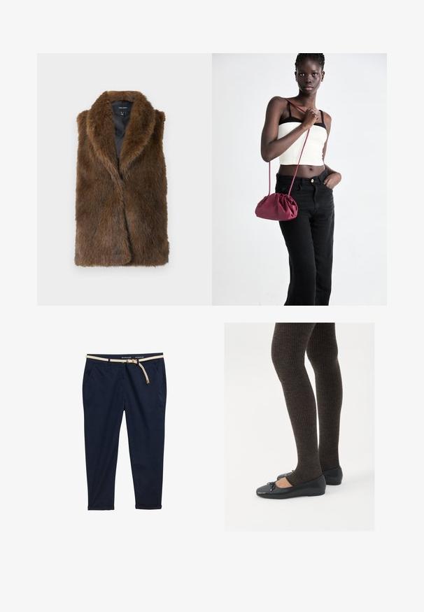 Brun faux fur ærmeløs vest med bred krave og sort inderside, mærket Vero Moda, vist fladt på hvid baggrund.; Sort langærmet bluse til kvinder med spids krave, skjulte frontknapper, tætsiddende talje og klokkeformet nederst samt ved ærmerne.; Marineblå chinos med et vævet cremefarvet bælte. Har to sidelommer, en afslappet pasform og opkrøllede afslutninger ved anklerne. Lavet af bomuldsstof.; Sorte flade sko med en lille sløjfedetalje ved tåen, parret med mørkebrune ribbede strømpebukser. Skoene har en glat overflade og lav profil.; Bordeaux blødt stof håndtaske med en sammenpresset design og en lang rem, båret som crossbody. Modellen bærer en hvid cropped top og sorte jeans.