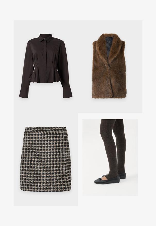 Brown faux fur sleeveless vest with wide collar and black inner lining, labeled Vero Moda, displayed flat on white background.; Black long-sleeve women's blouse with a pointed collar, hidden front buttons, fitted waist, and flared hem and cuffs.; Black and beige checkered mini skirt with a textured weave and a smooth waistband, featuring a structured fit and simple design.; Black flat shoes with a small bow detail at the toe, paired with dark brown ribbed tights. Shoes have a smooth texture and low profile.