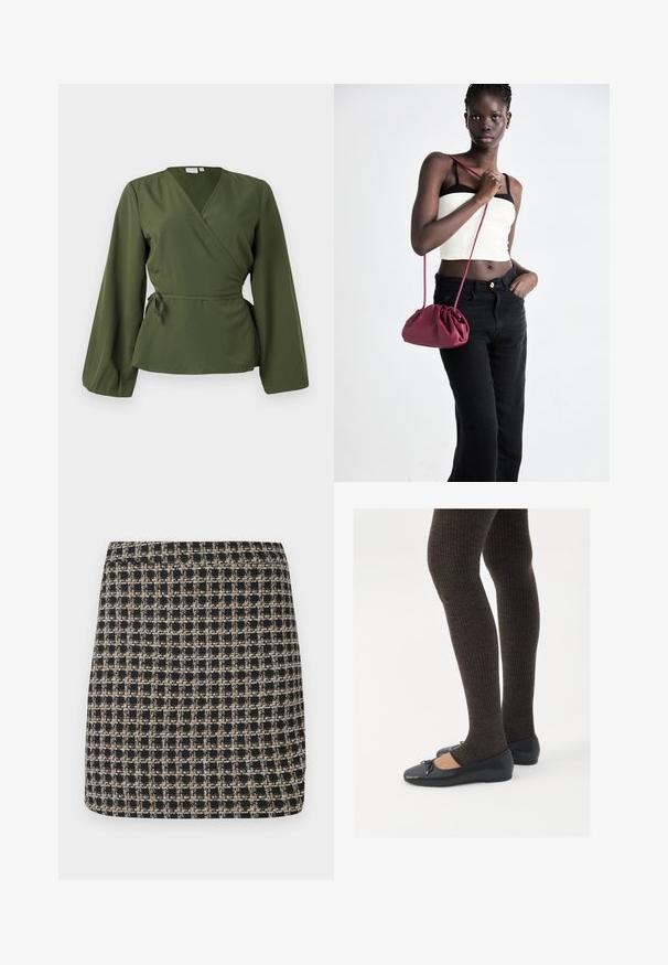 Colete sem mangas de pelo sintético castanho com gola larga e forro preto, rotulado Vero Moda, exibido de forma plana sobre fundo branco.; Blusa envolvente verde-oliva com mangas longas e um laço na cintura lateral, exibida sobre um fundo branco liso.; Saia mini xadrez em preto e bege com uma trama texturizada e uma cintura suave, apresentando um corte estruturado e um design simples.; Sapatos planos pretos com um pequeno laço na ponta, emparelhados com meias-calças caneladas castanhas escuras. Os sapatos têm uma textura suave e um design discretamente baixo.; Bolsa de tecido suave em borgonha com um design franzido e uma alça longa, usada à transversal. Modelo veste um top cropped branco e jeans pretos.